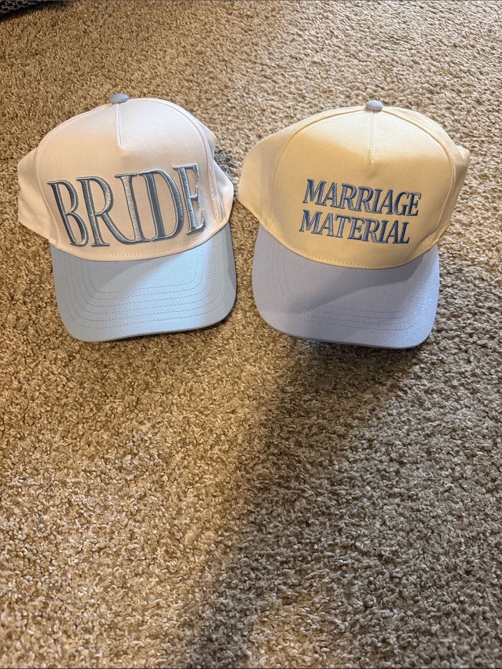 Bride & Marriage Material Embroidered Baseball Caps - Light Blue/White